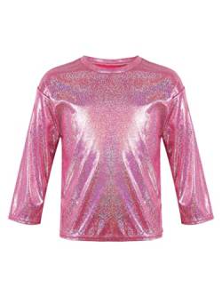 Hedmy Mädchen Metallic Shirts Crop Top Tanz Bluse Sport T-Shirt Langarm Oberteile Tanz Gymnastik Turn Slim Fit Gr. 80-164 Rose Rot 122-128 von Hedmy