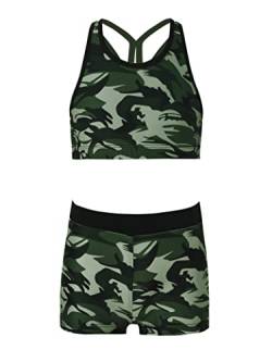 Hedmy Mädchen Zweiteiler Badeanzug Tankini Set Bikini Tops + Badehose Schwimmanzug Bademode Kinder Schwimmanzug Swimwear Gr.98-176 Camouflage Grün 170-176 von Hedmy