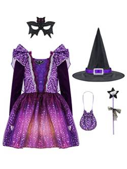 Hedmy Prinzessin Hexenkostüm Kinder Mädchen Kleid mit Hut Halloween Hexe Kostüm Fasching Karneval Gr 92-152 Lila mit Lichter 122-128 von Hedmy