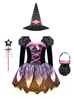 Hedmy Prinzessin Hexenkostüm Kinder Mädchen Kleid mit Hut Halloween Hexe Kostüm Fasching Karneval Gr 92-152 Rosa mit Lichter 110-116 von Hedmy
