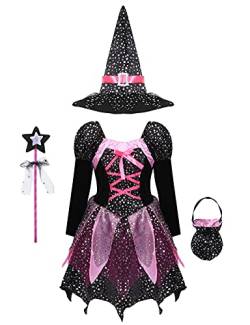 Hedmy Prinzessin Hexenkostüm Kinder Mädchen Kleid mit Hut Halloween Hexe Kostüm Fasching Karneval Gr 92-152 Schwarz 146-152 von Hedmy