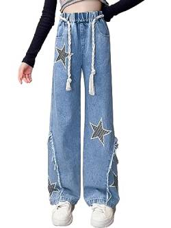 Hedmy Vintage Jeans Teenager Mädchen Kinder Jeanshose mit Schlag Relaxed Fit Straight Leg Baggy Boyfriend Causul Elastic Waist Hose Blau 158-170 von Hedmy