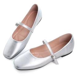 Hee grand Frauen Square Toe Mary Jane Schuhe Niedliche Bow-Knot Ballettschuhe Solide Slip-On Flats Kleid Schuhe, 484-Silber, 37.5 EU von Hee grand