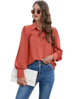 Bluse Damen Chiffon Elegant Langarm Shirt V-Ausschnitt Solidebluse Hemden mit Knöpfen Casual Büro Arbeit Blusen Tunika Hemd Oberteile Tops für Frauen Lässig Blusen mit Reverskragen von Heersan