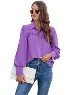 Bluse Damen Chiffon Elegant Langarm Shirt V-Ausschnitt Solidebluse Hemden mit Knöpfen Casual Büro Arbeit Blusen Tunika Hemd Oberteile Tops für Frauen Lässig Blusen mit Reverskragen von Heersan