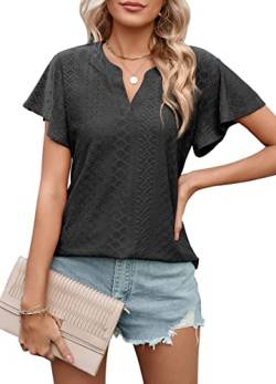 Bluse Damen Elegant Bluse Kurzarm T-Shirt Damen V-Ausschnitt Tops Tunika mit Rüsche Einfarbig Sommer Musselin Blusen Casual Kurzarmshirt Oberteile Kleidung Frau S-XXL von Heersan