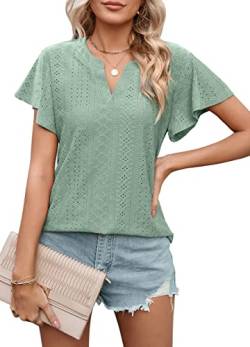 Bluse Damen Elegant Bluse Kurzarm T-Shirt Damen V-Ausschnitt Tops Tunika mit Rüsche Einfarbig Sommer Musselin Blusen Casual Kurzarmshirt Oberteile Kleidung Frau S-XXL von Heersan