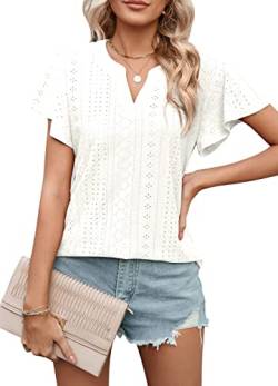 Bluse Damen Elegant Bluse Kurzarm T-Shirt Damen V-Ausschnitt Tops Tunika mit Rüsche Einfarbig Sommer Musselin Blusen Casual Kurzarmshirt Oberteile Kleidung Frau S-XXL von Heersan