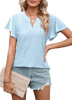 Bluse Damen Elegant Bluse Kurzarm T-Shirt Damen V-Ausschnitt Tops Tunika mit Rüsche Einfarbig Sommer Musselin Blusen Casual Kurzarmshirt Oberteile Kleidung Frau S-XXL von Heersan