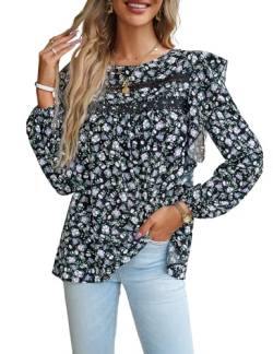 Chiffon Bluse Damen Elegant Top mit Rundhals Ruffle Langarm Hemd Blumentops T-Shirt Festliche Oberteile Damen Tunika Lässige Streetwear von Heersan