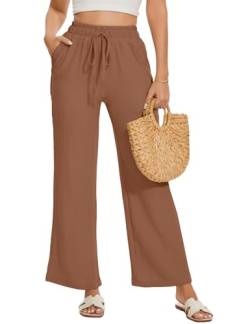 Damen Hose Weites Bein Frauen Lose Gerade Geschnitten Palazzo Hose Hohe Taille Dehnbar Lounge Elegante Hose mit Taschen Einfarbig Freizeithose Leichte Sommerhose Damen von Heersan