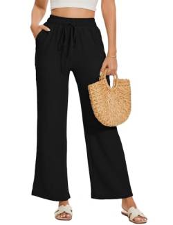 Damen Hose Weites Bein Frauen Lose Gerade Geschnitten Palazzo Hose Hohe Taille Dehnbar Lounge Elegante Hose mit Taschen Einfarbig Freizeithose Leichte Sommerhose Damen von Heersan