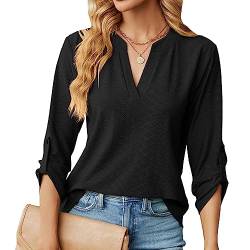 Damen V-Ausschnitt 3/4 Ärmel Bluse Causal Lässige Elegant Fahion Jacquardgewebe Oberteile Oberteil Tops Langarmshirt Shirts Tunika Hemd Bluse von Heersan