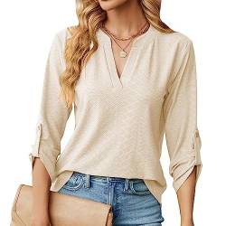 Damen V-Ausschnitt 3/4 Ärmel Bluse Causal Lässige Elegant Fahion Jacquardgewebe Oberteile Oberteil Tops Langarmshirt Shirts Tunika Hemd Bluse von Heersan