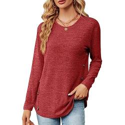 Einfarbiger Langarmshirt Damen Rundhalsausschnitt Gestricktes Pullover mit Knopfdetail Casual T-Shirt Lockere Passform Tops Tunika Oberteile Damen Herbst S-XXL von Heersan