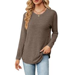 Einfarbiger Langarmshirt Damen Rundhalsausschnitt Gestricktes Pullover mit Knopfdetail Casual T-Shirt Lockere Passform Tops Tunika Oberteile Damen Herbst S-XXL von Heersan