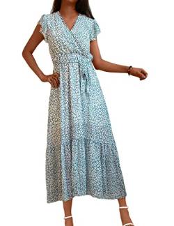 Heersan Maxikleid mit Blümchendruck Sommerkleid Damen Lang Boho Kleid Damen V Ausschnitt Wickelkleid Kurzarm Blumen Rüschen Freizeitkleider Sommer Strandkleid Mit Gürtel Strandkleid Damen von Heersan