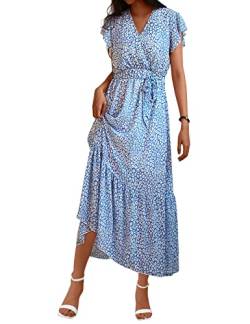 Heersan Maxikleid mit Blümchendruck Sommerkleid Damen Lang Boho Kleid Damen V Ausschnitt Wickelkleid Kurzarm Blumen Rüschen Freizeitkleider Sommer Strandkleid Mit Gürtel Strandkleid Damen von Heersan