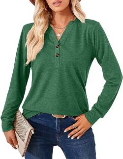 Langarmshirt für Damen Elegant T-Shirt Casual V-Ausschnitt Einfarbig Pullover Langarm Oberteil Damen Henleyshirt Tuniken Basic Tops mit Dekorative Button (S-XXL) von Heersan