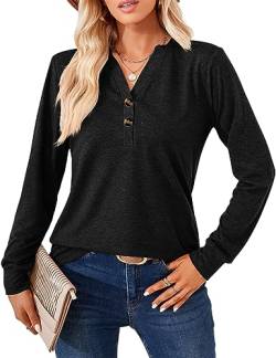 Langarmshirt für Damen Elegant T-Shirt Casual V-Ausschnitt Einfarbig Pullover Langarm Oberteil Damen Henleyshirt Tuniken Basic Tops mit Dekorative Button (S-XXL) von Heersan