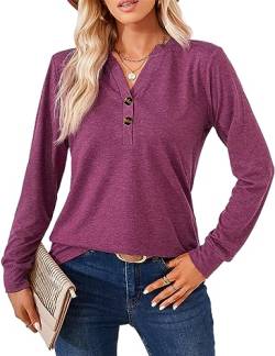 Langarmshirt für Damen Elegant T-Shirt Casual V-Ausschnitt Einfarbig Pullover Langarm Oberteil Damen Henleyshirt Tuniken Basic Tops mit Dekorative Button (S-XXL) von Heersan