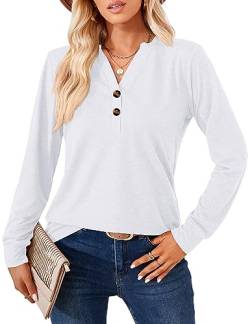 Langarmshirt für Damen Elegant T-Shirt Casual V-Ausschnitt Einfarbig Pullover Langarm Oberteil Damen Henleyshirt Tuniken Basic Tops mit Dekorative Button (S-XXL) von Heersan