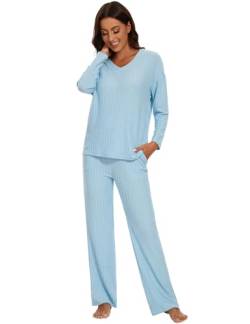 Schlafanzug Damen Lang Zweiteiler Nachtwäsche Set Warm Pyjama mit V-Ausschnitt Top und Hosen mit Taschen Mode Loungewear Frau Sleepwear Home Set Herbst- und Winterpyjamas XS-XL von Heersan