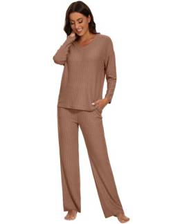 Schlafanzug Damen Lang Zweiteiler Nachtwäsche Set Warm Pyjama mit V-Ausschnitt Top und Hosen mit Taschen Mode Loungewear Frau Sleepwear Home Set Herbst- und Winterpyjamas XS-XL von Heersan