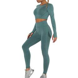 Heflashor Damen Sportanzug Trainingsanzug Jogginganzug 2 Teilig Bauchfrei Langarmshirt +Push up Leggings Sportbekleidung Set Yoga Outfit Freizeitanzug,Grün-3,L von Heflashor