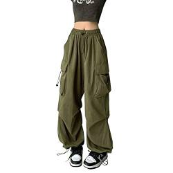 Heflashor Fallschirmhosen Teenager Damen Cargohose Baggy Hose Low Waist Y2K Track Pants Hippie Jogginghose Freizeithose Harajuku Streetwear(Armeegrün，S) von Heflashor