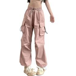 Heflashor Fallschirmhosen Teenager Damen Cargohose Baggy Hose Low Waist Y2K Track Pants Hippie Jogginghose Freizeithose Harajuku Streetwear(Rosa，XL) von Heflashor