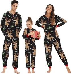 Heflashor Familien Weihnachten Schlafanzug lang Weihnachtspyjama Familie Outfit Einteiler Jumpsuit mit Elch Hut Mode Hausanzug Freizeitanzug,Damen,Schwarz Elch,XXL von Heflashor