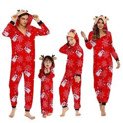 Heflashor Familien Weihnachten Schlafanzug lang Weihnachtspyjama Familie Outfit Einteiler Jumpsuit mit Elch Hut Mode Hausanzug Freizeitanzug,Mutter-Rot A,S von Heflashor