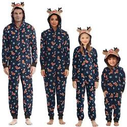 Heflashor Familien Weihnachten Schlafanzug lang Weihnachtspyjama Familie Outfit Einteiler Jumpsuit mit Elch Hut Mode Hausanzug Freizeitanzug,Vater-Blau,L von Heflashor