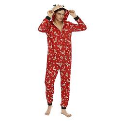 Heflashor Familien Weihnachten Schlafanzug lang Weihnachtspyjama Familie Outfit Einteiler Jumpsuit mit Elch Hut Mode Hausanzug Freizeitanzug,Vater-Rot,L von Heflashor