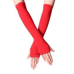 Heflashor Gestrickte Fingerlose Handschuhe Damen Armstulpen Feinstrick lang Handwärmer Stulpen Winterhandschuhe Pluswärmer Handstulpen Armwärmer Stulpen (Rot，One Size) von Heflashor