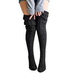 Heflashor Kniestrümpfe Winter Warm Overknee Socken Lange Strick Strümpfe Beinwärmer Oberschenkelhohe Socken Weihnachtssocken für Damen und Mädchen,Schwarz von Heflashor