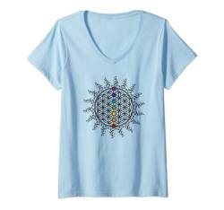 Damen Blume des Lebens, Chakra, Sacred Geometry, Flower of Life T-Shirt mit V-Ausschnitt von Heilige Geometrie by Anne Mathiasz