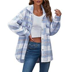 Hekbaep Lässige, Karierte Flanell-Shacket-Jacke für Damen, übergroße Button-Down-Langarm-Hemdjacke, Manteloberteile Winterjacke Blau Damen von Hekbaep