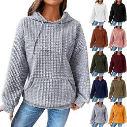 Hoodie Damen Sweatshirt mit Kapuze Kapuzenpullover Warm Waffel Oberteil Kordelzug Sport Langarm Tops mit Taschen Vintage Pulli Teenager Mädchen Hoodies Shirt Herbst Winter Sportmantel von Hekbaep