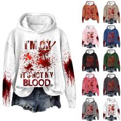 I'm Ok It's Not My Blood Halloween Pullover Damen Hoodie Briefe Drucken Pullover Langarm Sweatshirt Herbst Mode Kapuzenpullover Rundhals Frauen Top Shirt Locker Oberteil für Party von Hekbaep