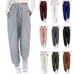 Jogginghose Damen, Sporthose Waffel Trainingshose Damen mit Taschen Lang Yogahose Lockere Casual Sweathose Frauen Herbst Hose Mode Laufhose Gummizug Freizeithose für Sport Yoga (S-3XL) von Hekbaep