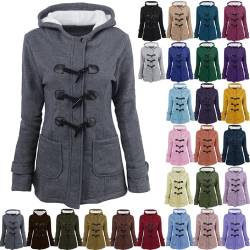 Mantel Damen, Horn Knopf Winterjacke LäSsig Warm Kapuze Oberbekleidung Einfarbige ÜBergangsjacke Lang GefüTtert Gesteppt Kapuzenjacke Kapuzenpullover Sweatshirt Jacke College Jacke mit Taschen von Hekbaep