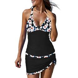 Tankini Damen Bauchweg Bedruckter Bademode mit Rock Zweiteiler Badeanzug Push Up Swimsuit Beachwear Tankini-Oberteil mit Rock unten Badeanzug Badeanzug Damen Weiß, L von Hekbaep