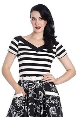 Hell Bunny Caitlin Gestreift Vintage Retro 50er Jahre Rockabilly Kurzarm V-Ausschnitt Top - Schwarz & Weiß (M - DE 38) von Hell Bunny