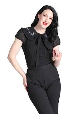 Hell Bunny Stickerei Bluse Rüschenkragen Rockabilly 1940er Retro, Schwarz, S von Hell Bunny