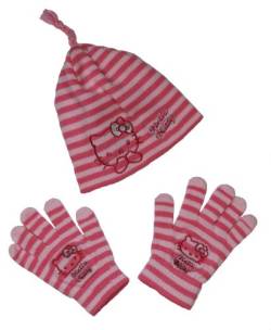 Hello Kitty 2tlg. Set Mütze Handschuhe rosa Streifen Gr. 53 von Hello Kitty