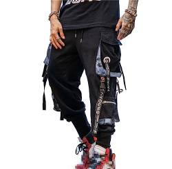 Hello MrLin Herren Jogger Hose Punk Cargo Baggy Techwear Hip Hop Haremshose Streetwear Tactical Track Pants ?, Schwarz/Violett, XXL von Hello MrLin