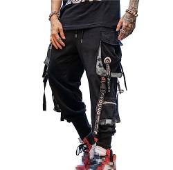 Hello MrLin Herren Jogger Hosen Punk Cargo Baggy Techwear Hip Hop Haremshose Streetwear Tactical Track Pants…, Schwarz / Grau, Mittel von Hello MrLin