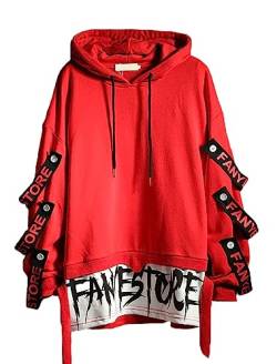 Hello MrLin Herren Techwear Japanischer Harajuku Kapuzenpullover Hip Hop Streetwear Urban Hoodie, Rot, L von Hello MrLin